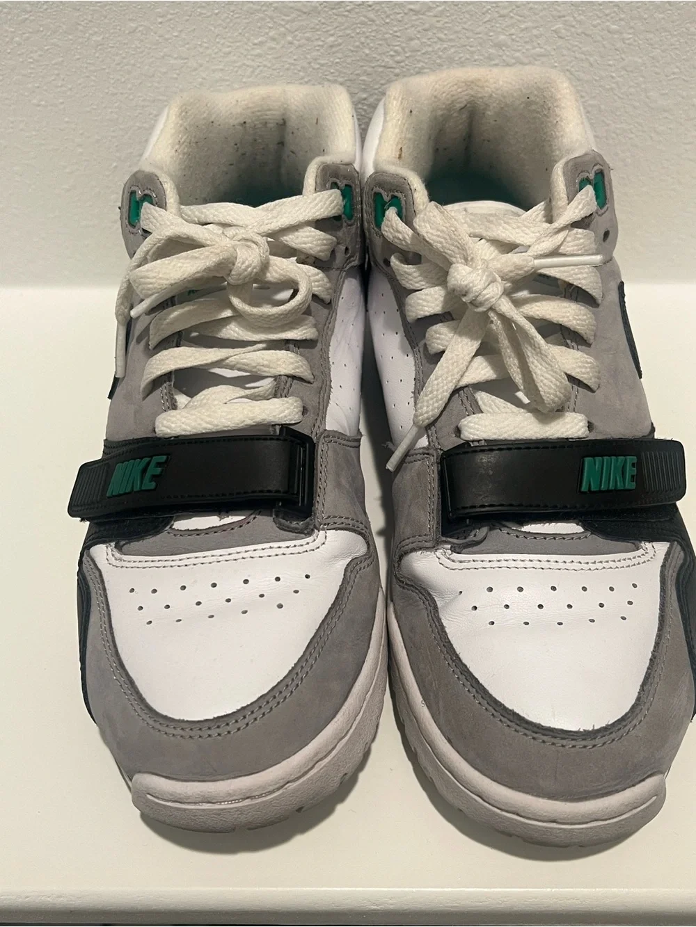 Nike Men’s White, Gray & Black Strap Training Sneakers with Teal Accents
